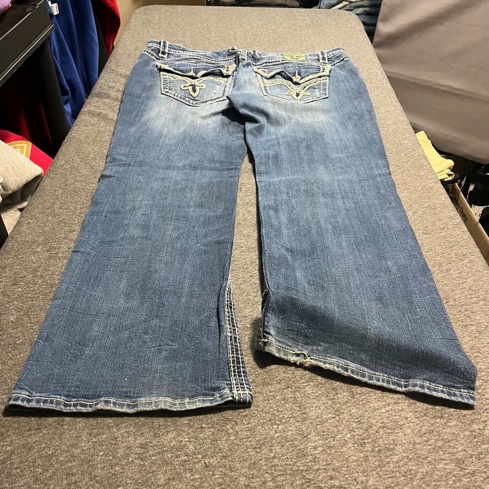 Rock Revival Ilion Bootcut Jeans Mens 42 Blue Distressed Heavy Stitch Denim